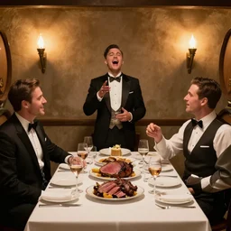 gentlemens dinner, singing, roaring twenties, cellar, masterpiece, torches on wall, meat, wine, schnapps, watercolor by anders zorn and carl larsson, art nouveau