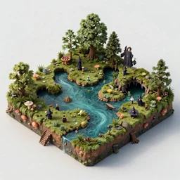 a beautiful hyper realistic 3d render of an isometric swamp layout with bogs, caves, witches and fungus, by Ian Gurmukh Bhasin, Michael Whelan, Paul Lehr, unreal engine, octane render, brilliantly colored, ultra wide angle, trending on artstation, HDR, polished,  ray tracing, 8k