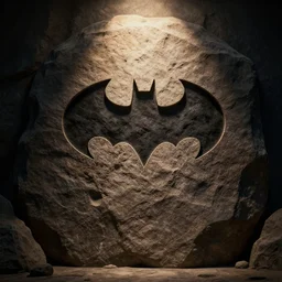 cinematic artwork of an ancient rock spotlight with a batman symbol carved into it, trending artstation, 4 k