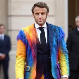 emanuel macron wearing a strange colorfull costume