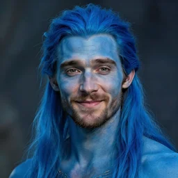 a portrait of a young adult matthew mcconaughey with long blue hair, tied back, blue skin, a character portrait, no beard, smiling, fantasy art, handsome, style by donato giancola, wayne reynolds, jeff easley dramatic light, high detail, cinematic lighting, trending on artstation