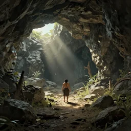 An epic fantasy anime style landscape painting of a Neanderthal cave, unreal 5, DAZ, hyperrealistic, octane render, dynamic lighting