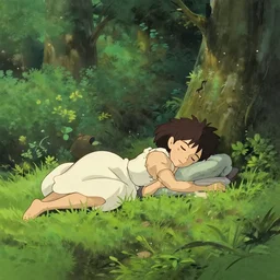 a girl sleeping in a forest, she is laying down. in the style of rossdraws, wlop, greg rutkowski, ghibli