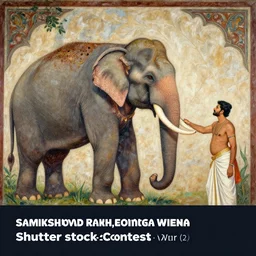 a painting of an elephant and a man, a storybook illustration by ram chandra shukla, shutterstock contest winner, samikshavad, detailed painting, fresco, art on instagram