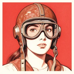 woman wearing loose aviator helmet and googles, drawn by bernie wrightson and moebius, red tones, detailed drawing, flat colors