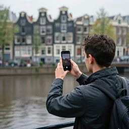 man taking beautiful pictures with his cell phone in amsterdam on a light rainy day, photorealistic, dynamic light, ultra detailed