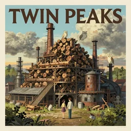 Twin Peaks poster artwork by Michael Whelan and Tomer Hanuka, Rendering of log pile factory, owls spirits watch, full of details, by Makoto Shinkai and thomas kinkade, Matte painting, trending on artstation and unreal engine