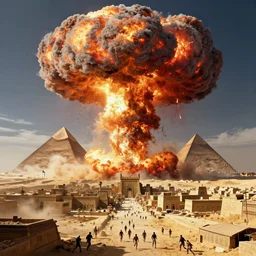 a nuclear explosion in an ancient egyptian city, people running, mushroom cloud on horizon, pyramids, concept art, digital art, by yoann lossell, raphael lacoste, highly detailed, 4 k, beautiful, sense of awe
