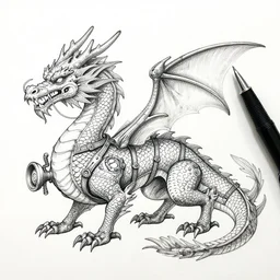modern pen and ink drawing, dragon with apparatus strapped to it, steam punk apparatus, ink on white background, clean lines, really clear, Olivia Kemp, julia Hill