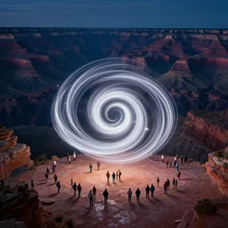 miniature installation, macro photography, night, a lot of people and a spiral - shaped white luminous attractor is floating in grand canyon, concept art, art for the game, professional lighting, art