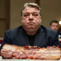 low angle close - up of haunting viktor orban sitting behind a table full of bacon, bokeh