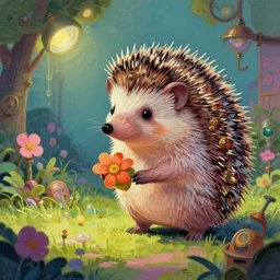 anthromorphic hedgehog in steampunk vaporwave courtyard garden. complementary colors, gouache, indie concept art, bloom, chiaroscuro, backlighting, intricate details.