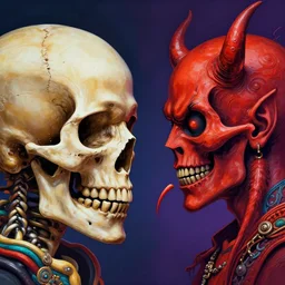 portrait skull and devil talking to each other perfil, art by greg rutkowski, intricate, ultra detailed, photorealistic, vibrante colors, colorful, trending on artstation, 4 k, 8 k