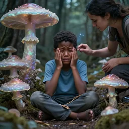 a realistic photograph of a black heartbroken crying boy being guided through his develish thoughts by an astral chakra guide, sitting in the middle of iridescent fungal, extremely detailed, 8 k