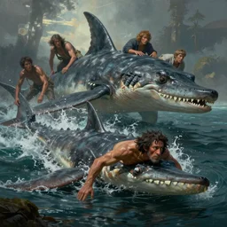 hyper realistic painting of prehistoric caveman, swimming to escape plesiosaurus by chiara bautista karl kopinski kim jung giu, weta studio, lucasfilm, jesper ejsing, norman rockwell greg rutkowski frank frazzeta