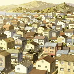 japanese fishing town, japanese city, underground city, 2 0 0 1 anime, cel - shading, compact buildings, sepia sunshine