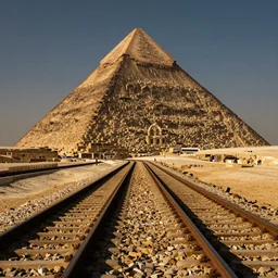 the train tracks are lined up in front of the pyramid
