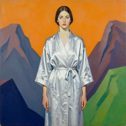 painting of lady in silver robe with mountains in the corners, canvas, acrylic paint, by roy liechtestein, by ko young hoon, isometric, pop art, 4 k, ultra - hd