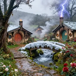 spring festival at medieval hobbit village, ornate, beautiful, atmosphere, vibe, mist, smoke, fire, chimney, rain, wet, pristine, puddles, waterfall, melting, dripping, snow, creek, moss, ice, bridge, lightning, cobble, rainforest, roses, flowers, color page, 4 k, contest winner