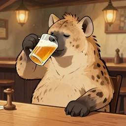 a chubby hyena gnoll drinking beer in a tavern