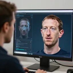 pavel durov looks at the monitor!!, mark's face is depicted on the monitor!! zuckerberg in 3 d graphics, technology realism, 8 k detail, soft light, depth of field, focus