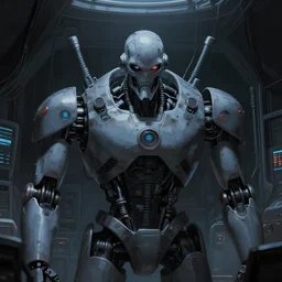 later 8 0's anime dystopian cyberpunk movie still : : shadow spacecraft interior art : : biomechanical evil buff robot : : somber far future cables lab darkened background : : staring murderously