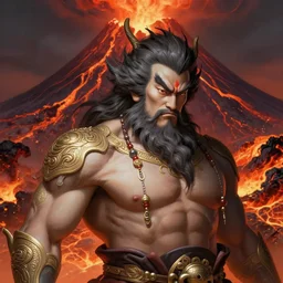 stunning japanese god of volcano portrait, beard, muscular, lava background, fantasy, intricate, elegant, highly detailed, digital painting, artstation, concept art, smooth, sharp focus, illustration, art by krenz cushart and artem demura