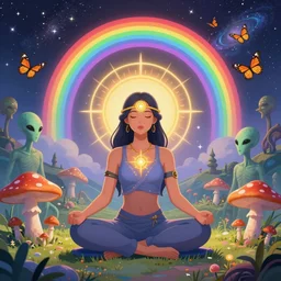 woman meditating, enchanted alien world, mushrooms on the ground, aliens, galaxy in the sky, butterflies, occult, illuminati, third eye, rainbows, bright colors, vector art, dripping, high contrast, fantasy poster by helen huang and frank frazetta and salvador dali and norman rockwell, anime style, 4 k