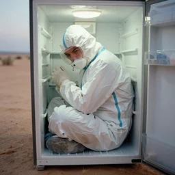 a man wearing a hazmat suit, curled up in a fridge, in the desert, arriflex 35, film still