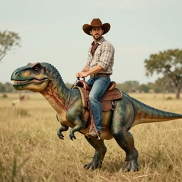 a gay cowboy riding a dinosaur