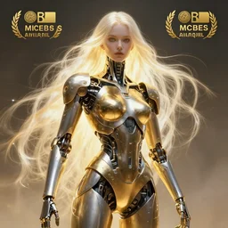 gold and silver tones, cybernetic warrior, style of moebius, james jean, mcbess, long glowing ethereal hair, cinematic, highly detailed, award winning