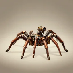 2d game art side view of mechanical steampunk spider, game character design, articulated joints, detailed, blank background