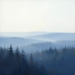 modern highly detailed painting sunny white sky and blueish landscape misty forest trending on artstation by greg rutowsky