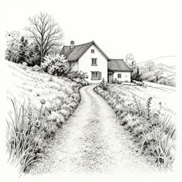 blooming gravel path, house on a hill, ink sketch, detailed