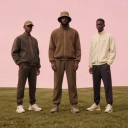 a photoshoot for a yeezy x golf le fleur collaborative fashion line, 8 k concept art, detailed, pink skies, vintage, dreamy, earthy