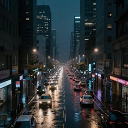a city street at night, raining, photograph, cars on the road, cyberpunk