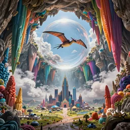 a ultra - realistic massive volume cave : 5, ; brightly coloured perfect stalactites : 4 ; miniature futuristic city : 1 1, open plains : 2, mysterious clouds : 2, highly symmetrical, a pterodactyl flying in a huge perfect glass sphere, octane render hd, 4 k, ultra - realistic, in unreal engine, trending on artstation, concept art