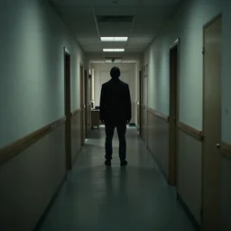 a dark figure at the end of a creepy empty office hallway. movie still. craiglist photo.