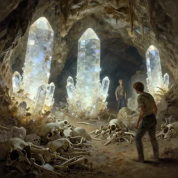 a cave with huge glowing crystals in the walls and piles of bones on the floor, art by donato giancola and greg rutkowski and martin deschambault