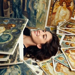 a high quality professional studio photograph with beautiful detailed face of a happy woman lying down on her back. she is surrounded by piles and piles of paintings by artgerm and greg rutkowski and alphonse mucha.