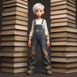 full body pose, beautiful adult fairy, pixar, short white hair shaved sides, dirty, grungy, grunge, long sleeve, painted overalls, stacks of giant books, by sakimichan, highly detailed, 4 k, hdr, smooth, sharp focus, high resolution, award - winning photo, artgerm, photorealistic