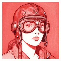 woman wearing leather aviator helmet and googles, drawn by bernie wrightson and jean giraud and moebius, red on red, red tones, detailed drawing, flat colors