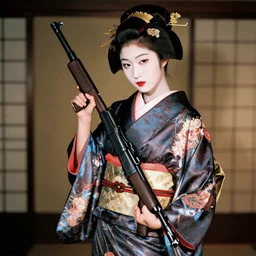 geisha in shiny kimono holding a machine gun, fashion editorial photography, 2 4 mm f 6