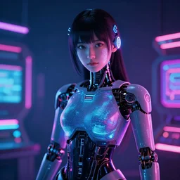 japanese model cyborg with digital led skin, neon lighting, techno neon projector background, portrait photo, unreal engine 5, depth of field, bokeh, octane render