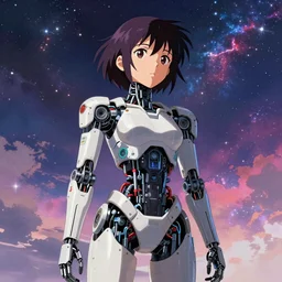 makoto shinkai. robotic android girl. futuristic cyberpunk. dystopia. vibrant nebula sky............................................. robotic wired wrm