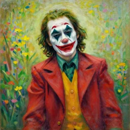 Monet painting of Joker in a field of flowers,