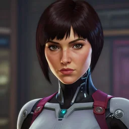 gtav screenshot. intense stare. close face portrait. interior bg. screenshot of a scene of beautiful feminine cybernetic android painted by norman rockwell. character designed by hideaki anno. bodysuit. lustrous short hair. digital. lighting by james gurney. trending on artstation. masterpiece. artgerm mucha rutkowski.