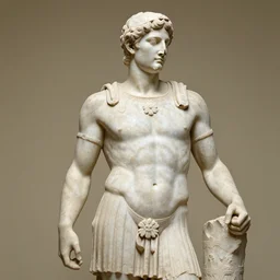 an ancient greek statue, with visible wear and broken nose, showing the full body of a soldier preparing for battle