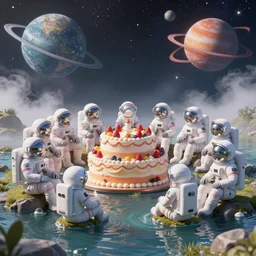 twelve astronauts sitting by the river with a big holiday cake + octane render + ue 5 + planets and stars + mystical fog, super detail, high quality
