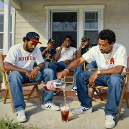a painting of los angeles bloods gang members. one of them is pouring malt liquor on the ground in honor of a dead friend before he drinks. they are sitting in chairs on the front porch of a home in compton california. the view is closeup, as if the viewer is sitting with them. westside, midday, in the style of andreas achenbach